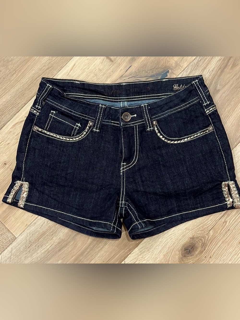 Cowgirl Tuff “Golden” Dark Blue Denim Jean Shorts with Sequin Pocket Detail